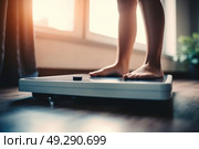 A person standing on a scale in a room with a large window, checking their weight under natural light. Стоковое AI-изображение, AI-художник Данила Большаков / Фотобанк Лори