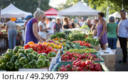 Diverse group of individuals browsing through fresh produce, flowers, and artisanal goods at a bustling farmers market on a sunny day. Стоковое AI-изображение, AI-художник Данила Большаков / Фотобанк Лори