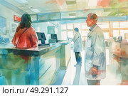 Two individuals are depicted standing at a counter. They appear engaged in a conversation or transaction, with various items on the counter. Стоковое AI-изображение, AI-художник Данила Большаков / Фотобанк Лори