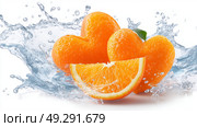 Heart-shaped oranges with water splash on white background. Стоковое AI-изображение, AI-художник Olga Didraga / Фотобанк Лори