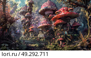 Vivid underwater fantasy scene with colorful mushrooms, exotic plants, and fanciful fish. High-resolution digital artwork that captures a magical aquatic ecosystem. Mystical ocean floor concept. Стоковое AI-изображение, AI-художник Konstantin Plotnikov / Фотобанк Лори