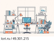 Illustration showcasing a modern home office setting with a desk, bookshelf, and various plants adding a touch of nature to the space. Стоковое AI-изображение, AI-художник Данила Большаков / Фотобанк Лори