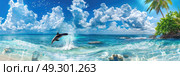 A dolphin gracefully propels through the ocean waters, its sleek body gliding effortlessly as it maneuvers through the waves. Стоковое AI-изображение, AI-художник Данила Большаков / Фотобанк Лори