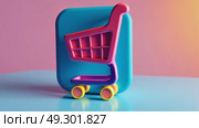 A vibrant 3D shopping cart icon with reflective surface, tilted slightly as if in motion, set against a clean pastel backdrop, cartoon style. Стоковое AI-видео, аниматор Sergey Grishin / Фотобанк Лори
