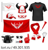 Fan Buff Gear Accessories Realistic Set. Sport club fans buffs and supporters t-shirt flags and accessories red black design realistic set vector illustration. Стоковая иллюстрация, агентство Ingram Publishing / Фотобанк Лори