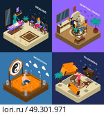 Paranormal Abilities And Meditation Isometric Compositions. Paranormal abilities isometric compositions with people healing and calling of spirit telekinesis and meditation isolated vector illustration. Стоковая иллюстрация, агентство Ingram Publishing / Фотобанк Лори