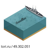 3d Military Boats Composition. Isometric 3d military boats composition with cut piece of sea with a submarine and a boat vector illustration . Стоковая иллюстрация, агентство Ingram Publishing / Фотобанк Лори