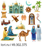 Ramadan Kareem Mubarak Symbols Icons Set. Ramadan muslims holy month religious symbols traditional objects food clothing realistic icons collection isolated vector illustration . Стоковая иллюстрация, агентство Ingram Publishing / Фотобанк Лори