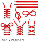 Lace Shoes Icon Set. Red lace shoes icon set with tied and untied shoelaces isolated on white background vector illustration. Стоковая иллюстрация, агентство Ingram Publishing / Фотобанк Лори