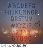 Alphabet On Misted Glass Composition. Colored hand drawn realistic alphabet and numbers on misted glass composition with flash lights on background vector illustration. Стоковая иллюстрация, агентство Ingram Publishing / Фотобанк Лори