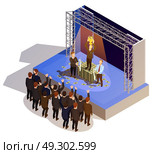 Business Award Winner Podium Isometric Isometric Image . Prestigious business award winner prize giving ceremony podium isometric view with golden trophy and champagne vector illustration . Стоковая иллюстрация, агентство Ingram Publishing / Фотобанк Лори