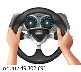 Realistic Isolated Hands Driver In Car. Colored 3d and realistic isolated hands driver in car with steering wheel vector illustration. Стоковая иллюстрация, агентство Ingram Publishing / Фотобанк Лори