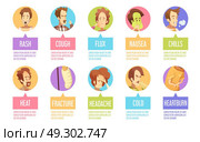 Cartoon Sickness Man Icon Set. Colored and isolated cartoon sickness man icon set with cold headache chills flux rash descriptions vector illustration. Стоковая иллюстрация, агентство Ingram Publishing / Фотобанк Лори