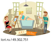 Art Studio Creative Process  Cartoon Illustration . Art studio creative process with sexy blond model posing and visual artists at easel cartoon vector illustration . Стоковая иллюстрация, агентство Ingram Publishing / Фотобанк Лори