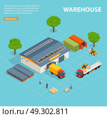 Warehouse Top View Isometric Design Composition. Warehouse top view isometric design concept with storage buildings cargo transport loaders and workers vector illustration . Стоковая иллюстрация, агентство Ingram Publishing / Фотобанк Лори