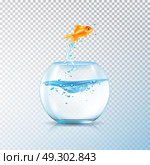 Boiling Fish Aquarium Composition. Fish jumping out bowl composition with realistic aquarium vessel and golden carp fish on transparent background vector illustration. Стоковая иллюстрация, агентство Ingram Publishing / Фотобанк Лори