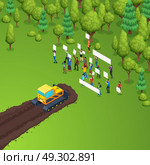 Eco Forest Meeting Composition. Green activist forest protection isometric composition with group of people holding placards in front of caterpillar tractor vector illustration. Стоковая иллюстрация, агентство Ingram Publishing / Фотобанк Лори