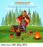 Lumberjack Woodsman Outdoors Cartoon Poster. Sturdy lumberjack woodsman holding ax with muscled tattooed hands near campfire forest bacground cartoon poster vector illustration. Стоковая иллюстрация, агентство Ingram Publishing / Фотобанк Лори