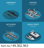 Square Military Boats Isometric Icon Set. Four square military boats isometric icon set with submarines cruises battleships and assault boats descriptions vector illustration. Стоковая иллюстрация, агентство Ingram Publishing / Фотобанк Лори