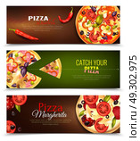 Pizza Horizontal Banners Set. Set of three banners with compositions of images with different types of pizza and editable text vector illustration. Стоковая иллюстрация, агентство Ingram Publishing / Фотобанк Лори