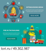 Firefighting Banners Set. Flat set of horizontal banners with fire engines and firefighting equipment isolated vector illustration. Стоковая иллюстрация, агентство Ingram Publishing / Фотобанк Лори