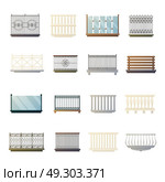 Balcony Railings Design Flat Icons Collection . Steel iron glass and wood bacony railing home decorations design ideas flat icons collection isolated vector illustration. Стоковая иллюстрация, агентство Ingram Publishing / Фотобанк Лори
