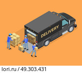 Unloading Isometric Concept . Unloading isometric concept with truck boxes and loaders on orange background isolated vector illustration. Стоковая иллюстрация, агентство Ingram Publishing / Фотобанк Лори