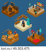 Craftsman Isometric Illustration. Craftsman isometric composition with creation of casks blacksmith carpentry house painting and design works vector illustration . Стоковая иллюстрация, агентство Ingram Publishing / Фотобанк Лори