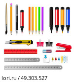 Stationery Realistic Set. Stationery assortment set of rulers pencils markers and other items isolated on white background realistic vector illustration. Стоковая иллюстрация, агентство Ingram Publishing / Фотобанк Лори