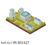 Complex Of University Buildings Isometric Layout. Complex of university buildings with football field, green trees, benches and walkways isometric layout vector illustration. Стоковая иллюстрация, агентство Ingram Publishing / Фотобанк Лори