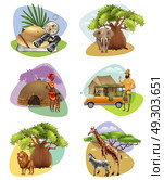 Set Of Mini Compositions On Safari Theme. Collection of decorative mini compositions on safari theme with african animals aborigines and  hunter cartoon vector illustration . Стоковая иллюстрация, агентство Ingram Publishing / Фотобанк Лори