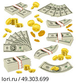 Realistic Coins And Banknotes Money Set. Copper cents gold coins and american currency banknotes with dollar symbol realistic money images collection vector illustration . Стоковая иллюстрация, агентство Ingram Publishing / Фотобанк Лори