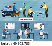 Crime Investigation Flat Banners. Crime investigation flat horizontal banners with police experts and forensic laboratory on blue background isolated vector illustration . Стоковая иллюстрация, агентство Ingram Publishing / Фотобанк Лори