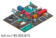 Accident On Crossroad Isometric Illustration. Accident on crossroad design with truck bus cars bicycle police and ambulance injured people isometric vector illustration. Стоковая иллюстрация, агентство Ingram Publishing / Фотобанк Лори