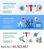  Artificial Insemination Banners Set .  Artificial insemination horizontal banners set with motherhood symbols flat isolated vector illustration . Стоковая иллюстрация, агентство Ingram Publishing / Фотобанк Лори