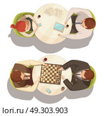 People Over Cup Of Coffee At Round Tables . People over cup of coffee at round tables playing checkers and talking top view flat cartoon vector illustration. Стоковая иллюстрация, агентство Ingram Publishing / Фотобанк Лори