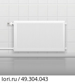 Hot Water Radiator Realistic Image . Hor water radiator heating with temperature control knob on tiled wall side view realistic image vector illustration . Стоковая иллюстрация, агентство Ingram Publishing / Фотобанк Лори
