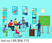 Disabled Persons Education Composition. Education classroom disabilities composition with disabled students and teacher with wallpaper posters and furniture faceless characters vector illustration. Стоковая иллюстрация, агентство Ingram Publishing / Фотобанк Лори
