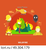 Flat Firefighting Illustration. Flat design firefighting work and fireman equipment on red background vector illustration. Стоковая иллюстрация, агентство Ingram Publishing / Фотобанк Лори