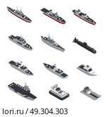 Military Boats Isometric Icon Set. Dark color military boats isometric isolated icon set for different types of troops vector illustration. Стоковая иллюстрация, агентство Ingram Publishing / Фотобанк Лори