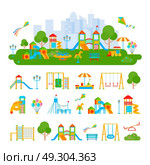 Childrens Playground Constructor Composition. Composition of flat playground scenery and isolated elements plants ladders slippery dips seesaws on blank background vector illustration. Стоковая иллюстрация, агентство Ingram Publishing / Фотобанк Лори
