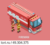 Profession Fireman Isometric Template. Profession fireman isometric template with firefighters in uniform standing near truck isolated vector illustration. Стоковая иллюстрация, агентство Ingram Publishing / Фотобанк Лори