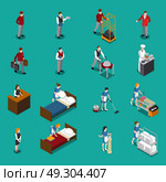 Hotel Staff Isometric Set. Hotel staff isometric set including administrator maid waiter porter chef bellboy on green background isolated vector illustration . Стоковая иллюстрация, агентство Ingram Publishing / Фотобанк Лори