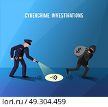 Hackers Cybercrime Prevention Investigation Flat Poster. Computer internet hightech crime investigation cyber attacks and misuse of data prevention flat dark blue poster vector illustration. Стоковая иллюстрация, агентство Ingram Publishing / Фотобанк Лори