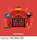 Blacksmith Iron Works Background. Iron works composition with wrought iron fence signboard horseshoe drop forging images and blacksmith equipment silhouettes vector illustration. Стоковая иллюстрация, агентство Ingram Publishing / Фотобанк Лори