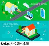 Smart Home Isometric Banners Set. Smart home automation control system 2 horizontal colorful banners set with outdoor isometric schematic view vector illustration  . Стоковая иллюстрация, агентство Ingram Publishing / Фотобанк Лори
