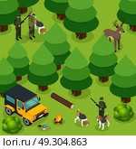 Hunting Isometric Composition. Hunting isometric composition with two groups of hunters hunt deer in the forest vector illustration. Стоковая иллюстрация, агентство Ingram Publishing / Фотобанк Лори