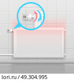Heating Radiator Flat Concept. Radiator conceptual composition with flat image of heater battery and zoomed-in view of rotational water temperature regulator vector illustration. Стоковая иллюстрация, агентство Ingram Publishing / Фотобанк Лори