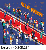 Vip Party Isometric Illustration. Vip party with celebrities on red carpet photographers admirers on blue background with stars isometric vector illustration. Стоковая иллюстрация, агентство Ingram Publishing / Фотобанк Лори