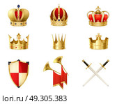 Set Of Realistic Golden Royal Crowns . Set of realistic golden royal crowns decorated with precious stones heraldic shield and crossed swords isolated vector illustration. Стоковое фото, агентство Ingram Publishing / Фотобанк Лори